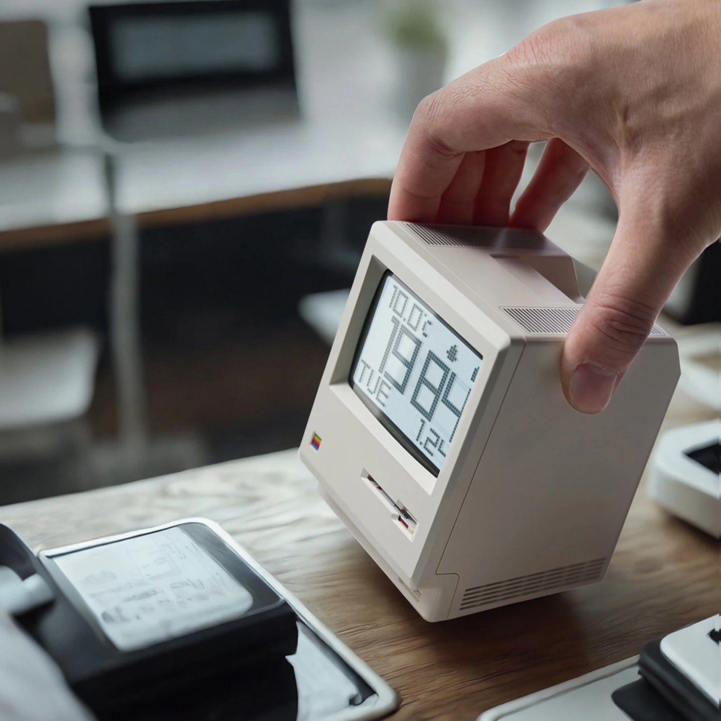 Sveglia Retrò Mac Style 1984 – Orologio Digitale Iconico Stile Computer Vintage